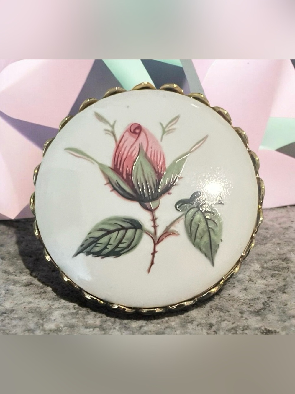 Vintage MCM Handpainted ROSE On Porcelain Mounted on a Circular GoldTone Brooch.